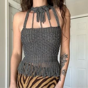 Vintage y2k Chanel Grey Knit Fringe Halter Top